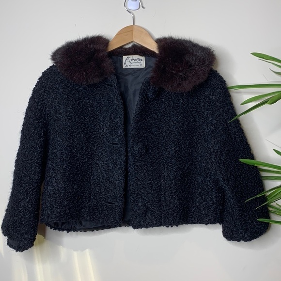 A Winter Product Vintage Black Curly Persian Lamb Fur Collar ‘60s Crop Jacket - Picture 8 of 12